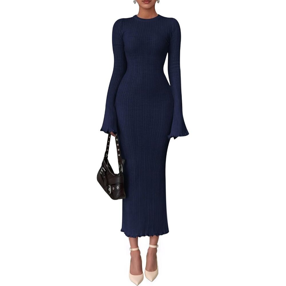 Women's Navy Blue Fall Bell Long Sleeve Crew Neck Bodycon Sweater Maxi Dress